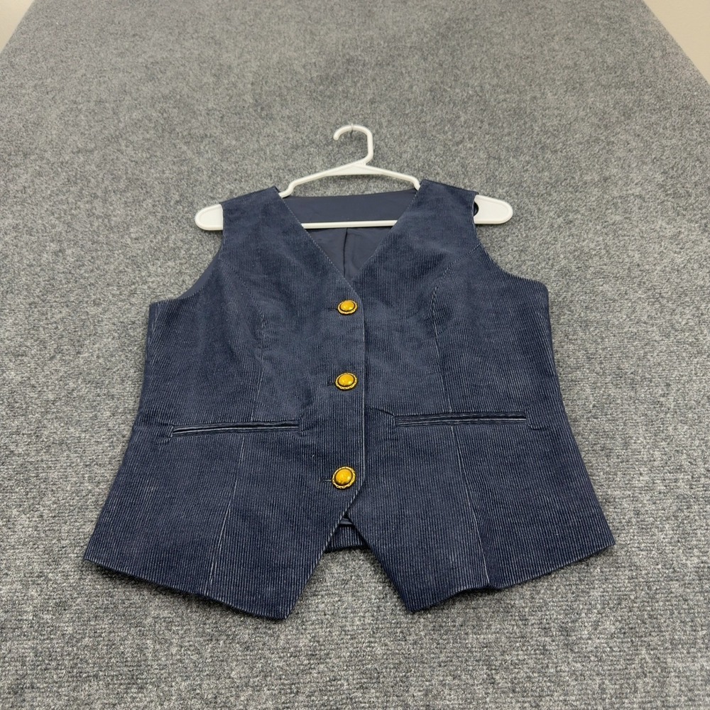 Unbranded Vest Womens M Navy Blue Corduroy Gold Button Back Cinch Waistcoat - Picture 1 of 6